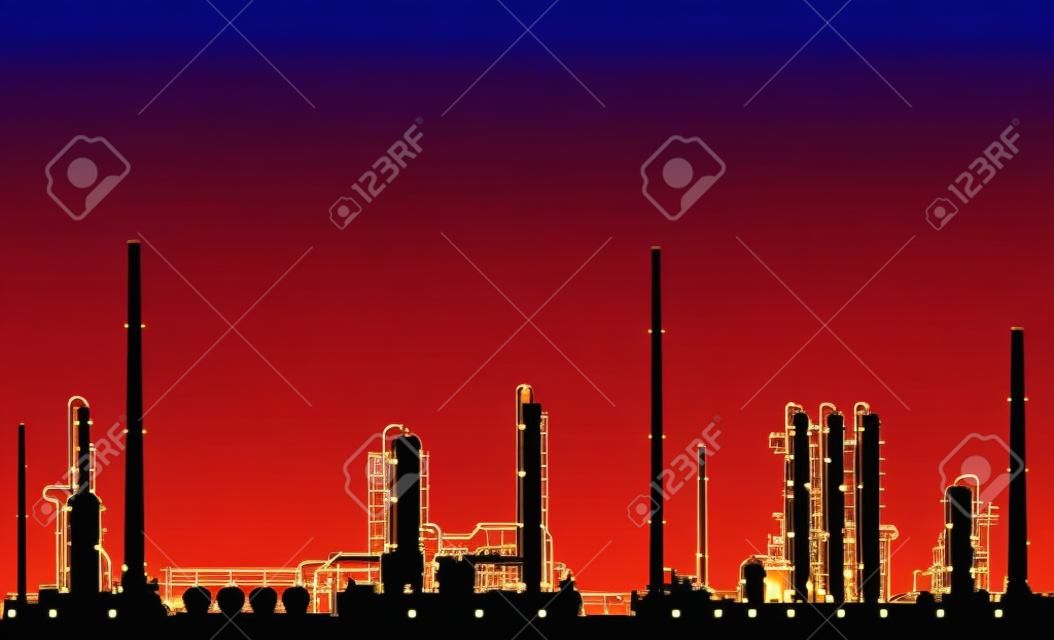 Refinaria de petróleo ou silhueta de planta química com luzes noturnas ao pôr do sol. Ilustração vetorial detalhada.