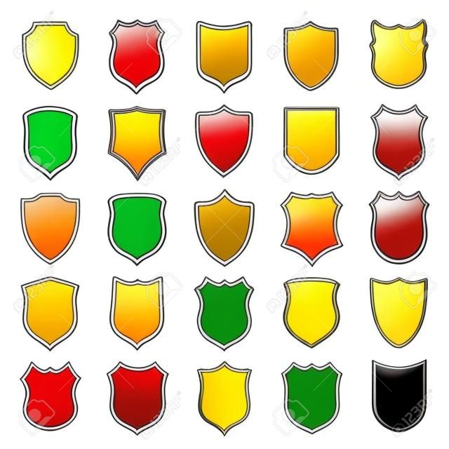 Large set of contour black shields with rounded corners isolated on white background. Vector illustration.