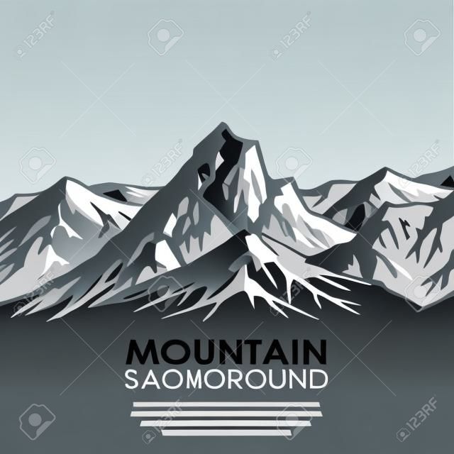 Faixa de montanha isolada no fundo branco. Montanhas enormes em preto e branco. Ilustração vetorial com espaço de cópia.
