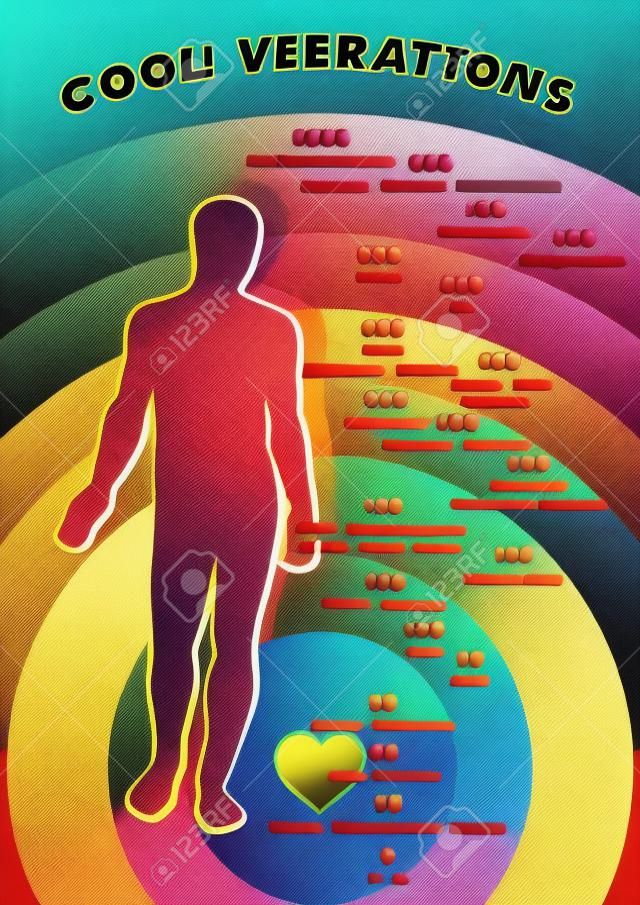 Creative vector table illustrated the scale of the human emotional vibrations. The symbolic image of a man on a background of colored scales with accompanying inscriptions.