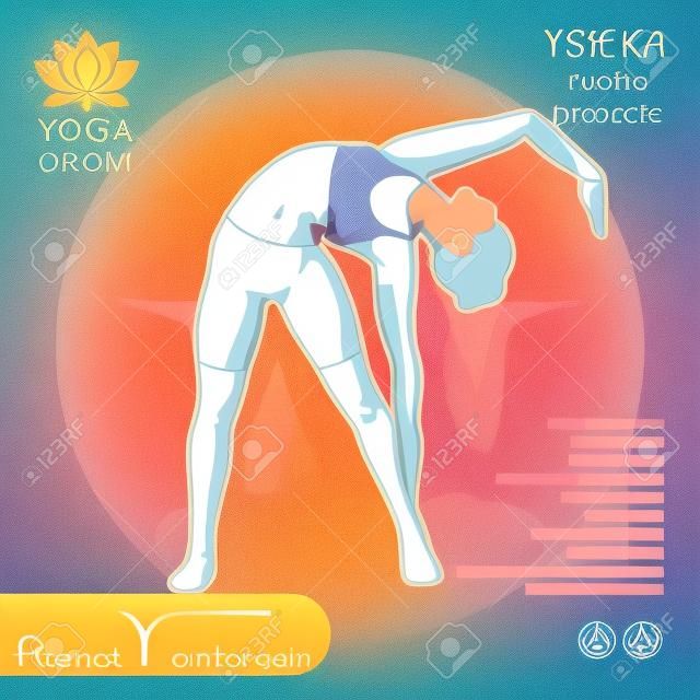 Illustration of Yoga Exercises with full text description, names and symbols of the involved chakras. Female figure showing the position of the body, posture or asana in sitting position.