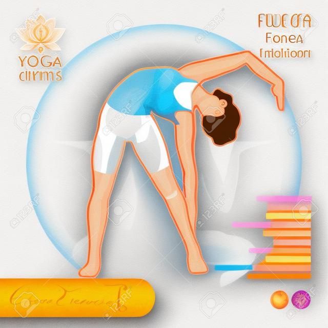 Illustration of Yoga Exercises with full text description, names and symbols of the involved chakras. Female figure showing the position of the body, posture or asana in sitting position.