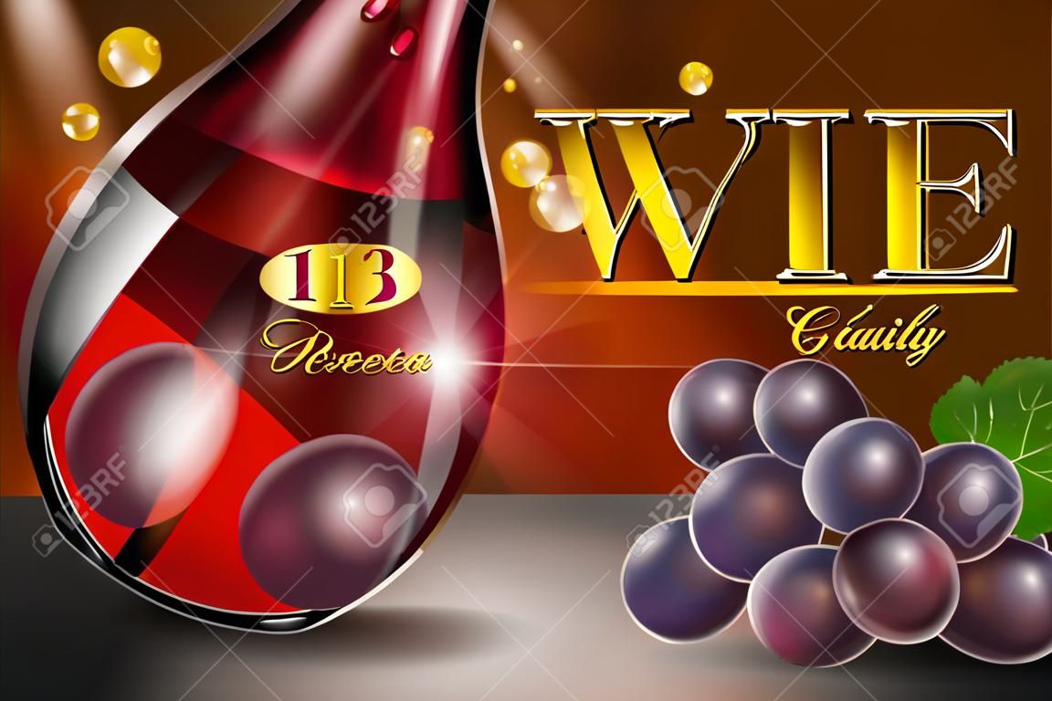 Wijn reclame banner, glazen fles met druif op rode achtergrond met gouden tekst. Transparant wijnglas met splash voor restaurantontwerp. 3d vector illustratie.