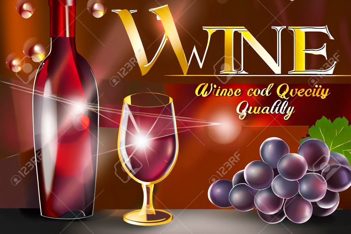 Wine advertising banner, glass bottle with grape on red background with golden text. Transparent wine glass with splash for restaurant design. 3d vector illustration.