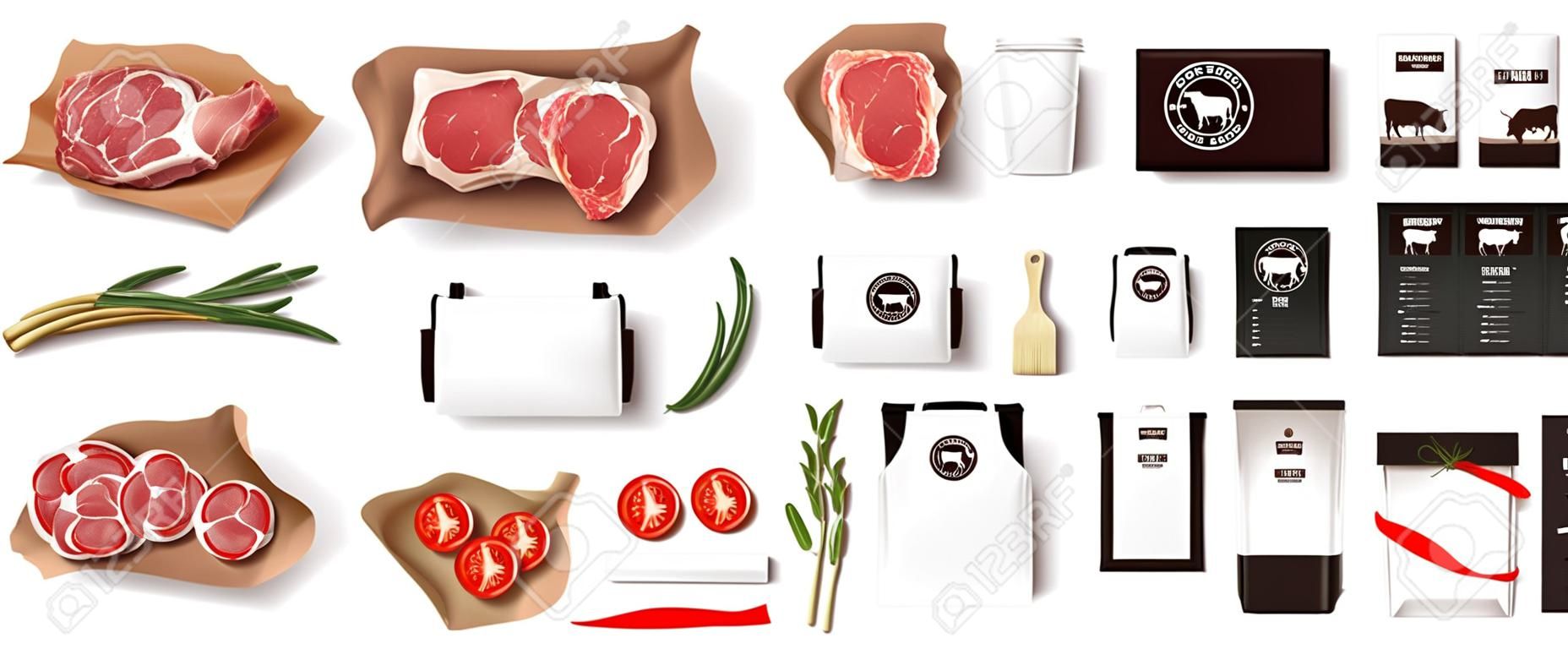 Różnorodność potraw w sklepie mięsnym. Zestaw makieta tożsamości marki restauracji na białym tle. Znakowanie elementów opakowań do sklepu mięsnego, kawiarni lub steak house. żywność w supermarkecie w paczce. Wektor