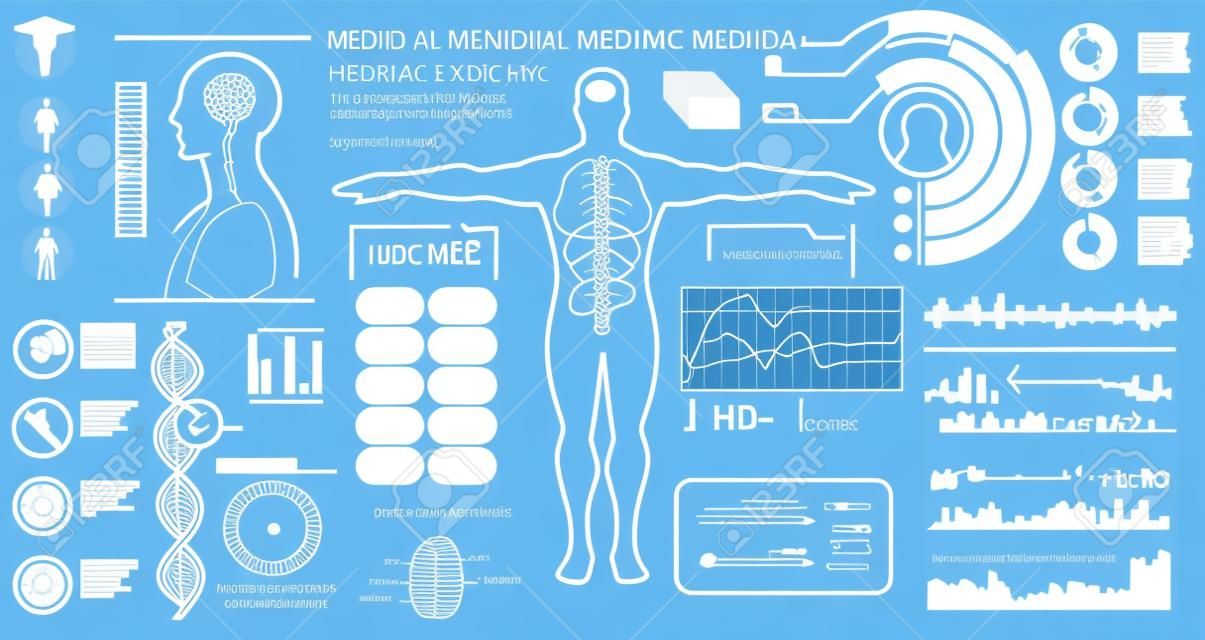 Modern medical examination HUD style. Human body scan ( Anatomy, Ecg monitor, Dna formula, X-ray, Medical Infographic, Data monitors, Statistic and Diagrams ) Medical infographic Hud style (vector)
