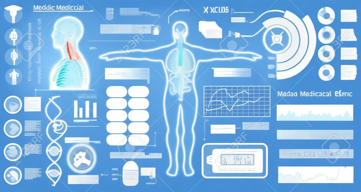 Modern medical examination HUD style. Human body scan ( Anatomy, Ecg monitor, Dna formula, X-ray, Medical Infographic, Data monitors, Statistic and Diagrams ) Medical infographic Hud style (vector)