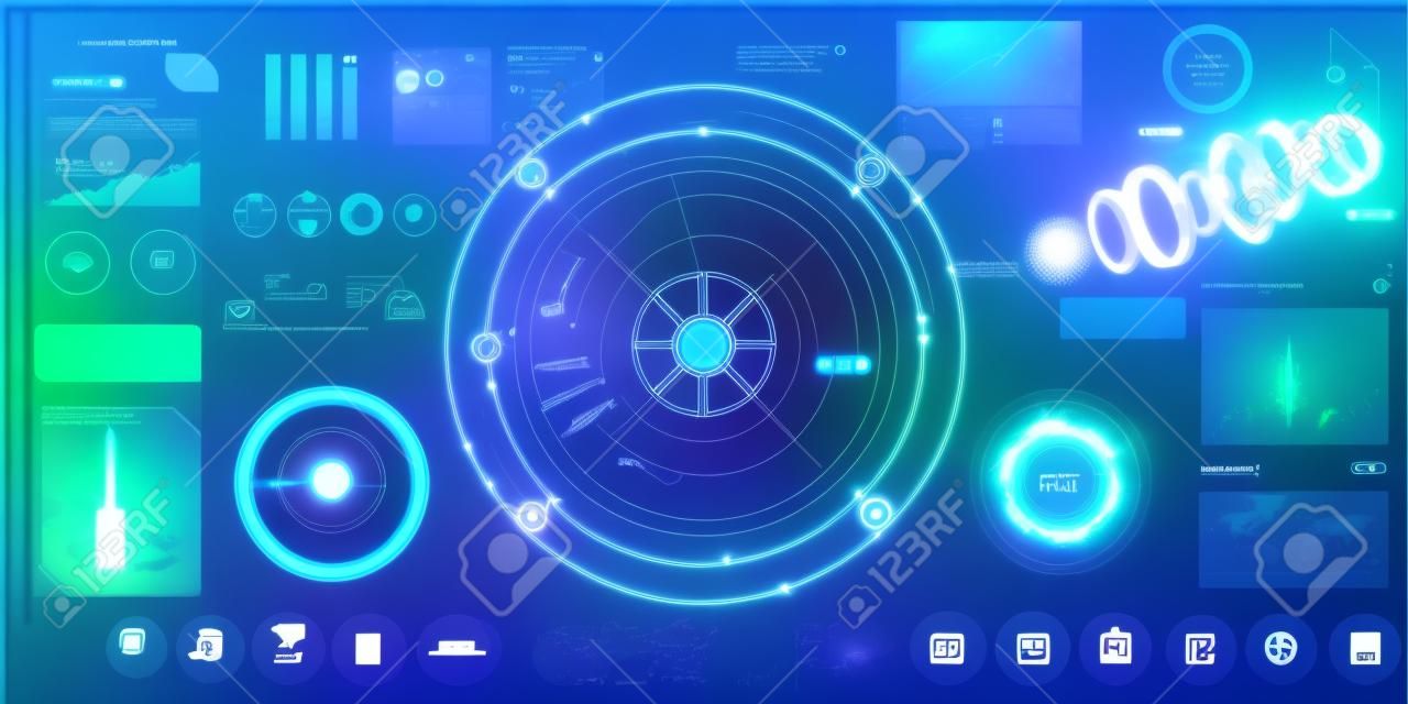 Conceito futurista HUD, estilo GUI. Tela (Painel, Círculo futurista, elementos espaciais, infográficos) Conjunto de elementos vetoriais para interfaces HUD Sci Fi. Oi design futuro de tecnologia. Sky fi para VR e App.