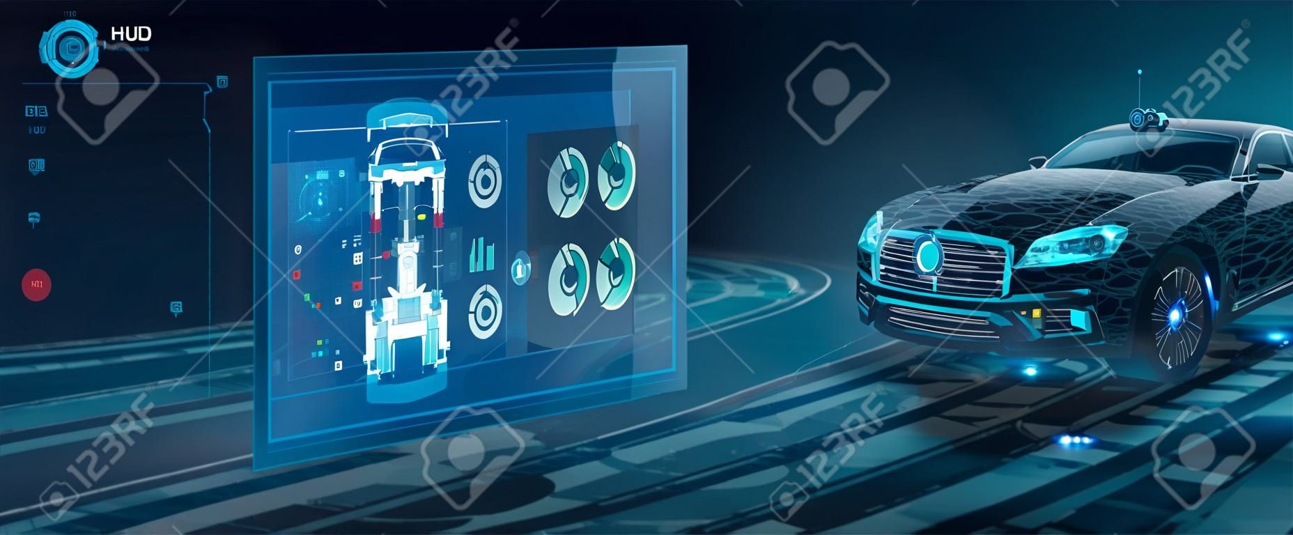 HUD UI. Abstract virtual graphic touch user interface. Car service in the style of HUD. Hologram of the car. Car projection