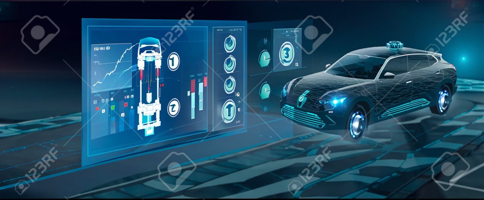 HUD UI. Abstract virtual graphic touch user interface. Car service in the style of HUD. Hologram of the car. Car projection