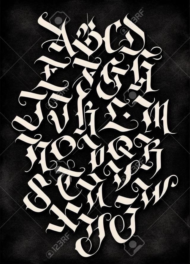 Full alphabet in the Gothic style. Vector. Letters and symbols on a black background. Calligraphy and lettering. Medieval Latin letters. Individual letters. Elegant font for your project