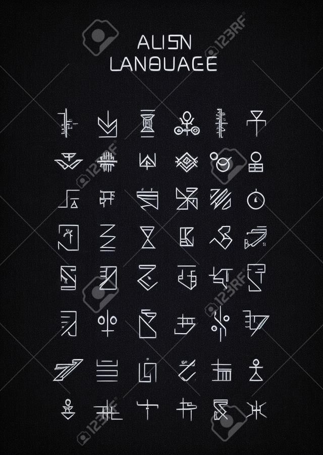 Nieznany alfabet, symbole obcych hieroglifów. Fikcyjne postacie odpowiednie dla postaci magicznych, run, języka UFO, zaszyfrowanego kodu. Alfabet nieznanego języka wektorowego