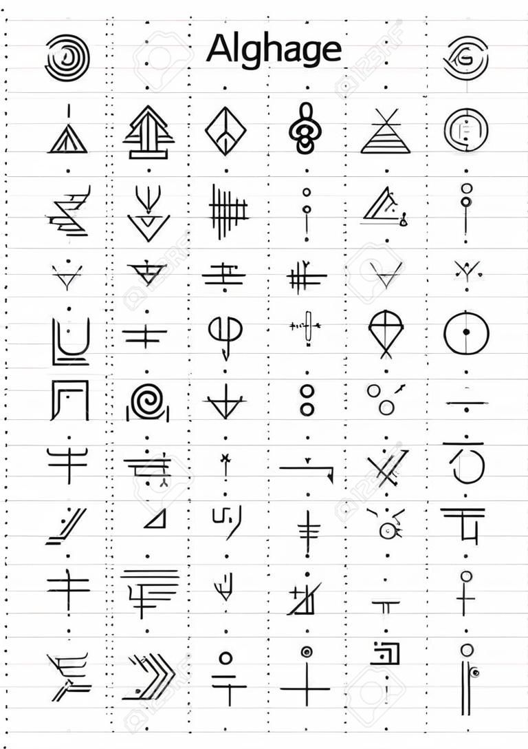 Unknown alphabet, Alien hieroglyphics symbols. Fictional characters suitable for magic characters, runes, UFO language, encrypted code. Vector unknown language alphabet