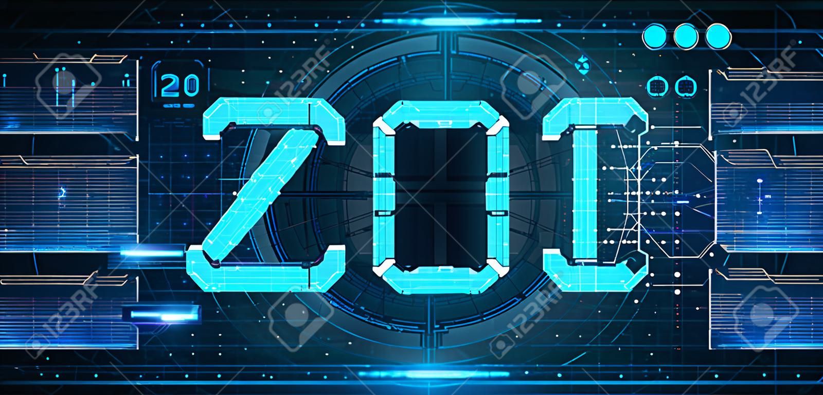 Technology 2020 New Year concept in futuristic style HUD. Digital banner. Design future 2020 tech background. Hi-tech concept. Vector illustration HUD Happy New Year