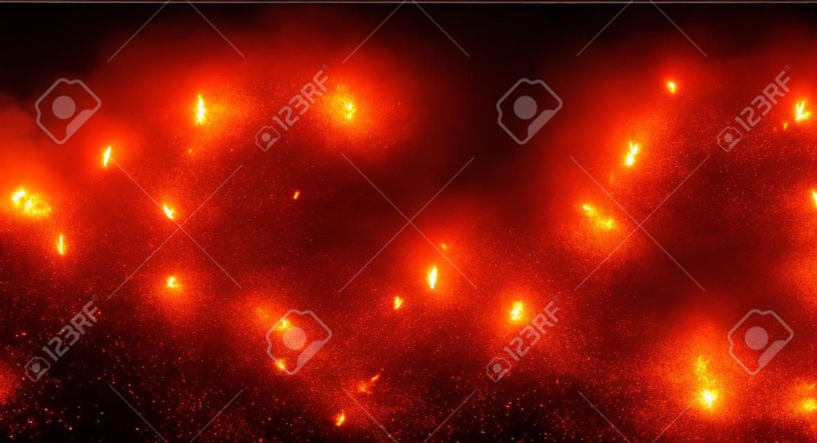 Feuerfunken Hintergrund auf einem transparenten Hintergrund. Brennende heiße Funken, brennende Glut und Rauch fliegen in die Luft. Realistischer Wärmeeffekt mit Glühen und Funken vom Lagerfeuer. Hochfliegende Glut