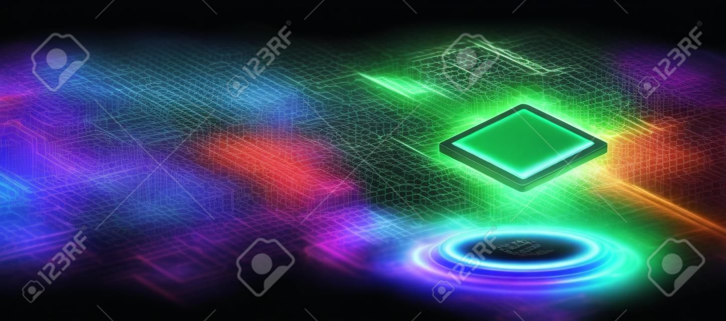 Presentation microchip processor with lights and glow effects. Futuristic CPU AI, Quantum computing, Big data concept. Web banner central computer processors. Digital microchip CPU. Vector banner