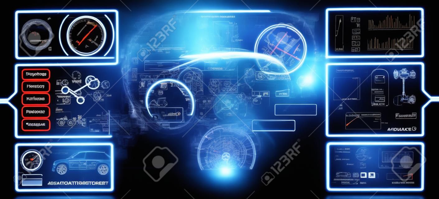 Diagnostic Auto in HUD style. Scan and Maintenance Automobile in 3D visualisation hologram