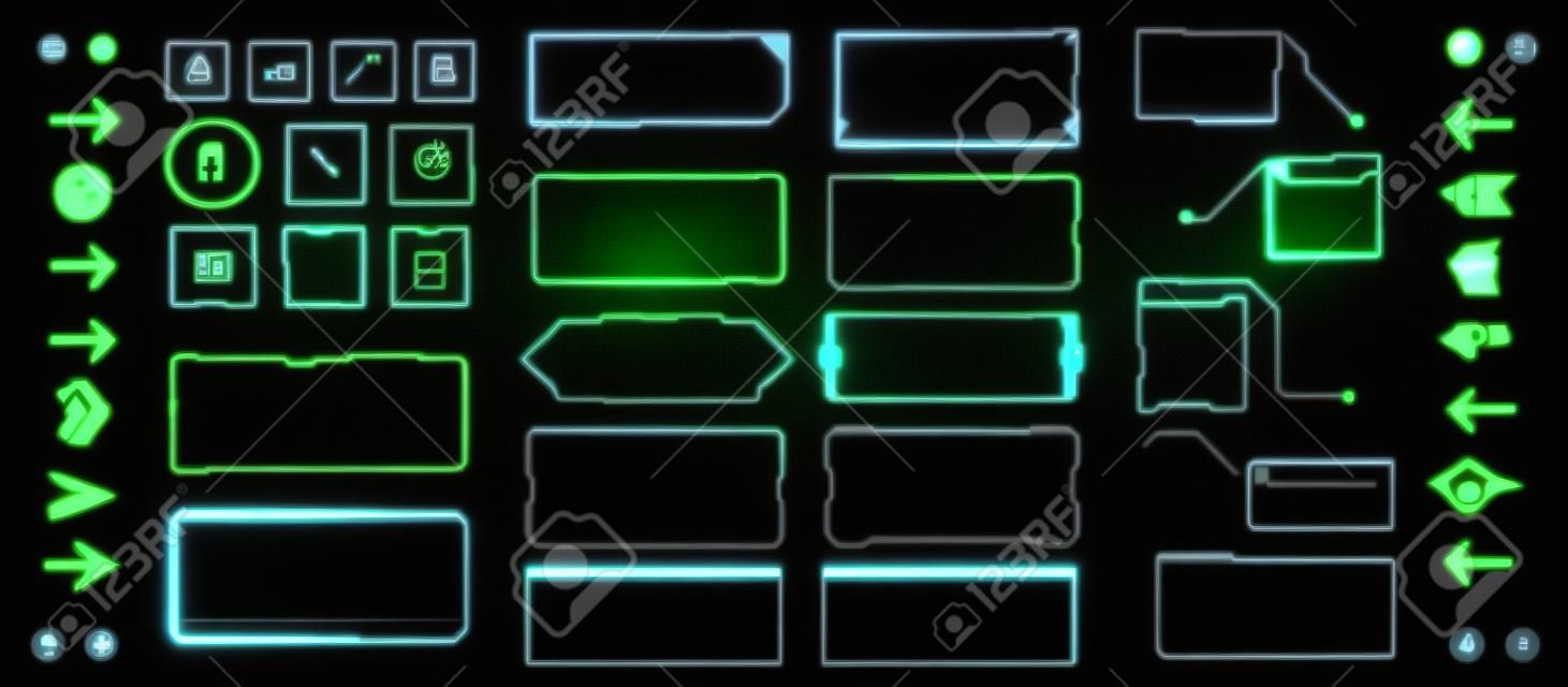HUD elementen ingesteld - frame scherm, pijlen, oproepen, knop, futuristische UI bars