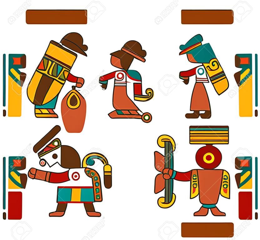 Векторная иллюстрация ацтекский образец какао для дизайна упаковки шоколада на коричневом, красном, зеленом, сером, желтом цветах на белом фоне.