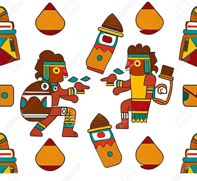 Векторная иллюстрация ацтекский образец какао для дизайна упаковки шоколада на коричневом, красном, зеленом, сером, желтом цветах на белом фоне.