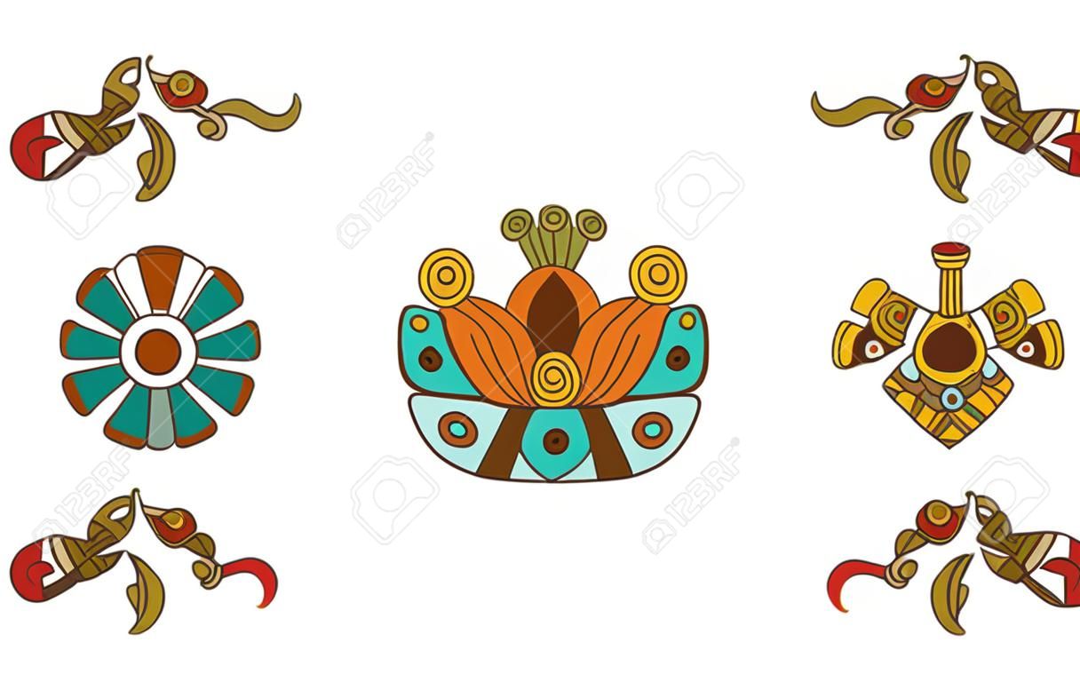 Vector illustration aztec cacao pattern for chocolate package design on brown, red, green, grey, yellow colors in white backdrop.