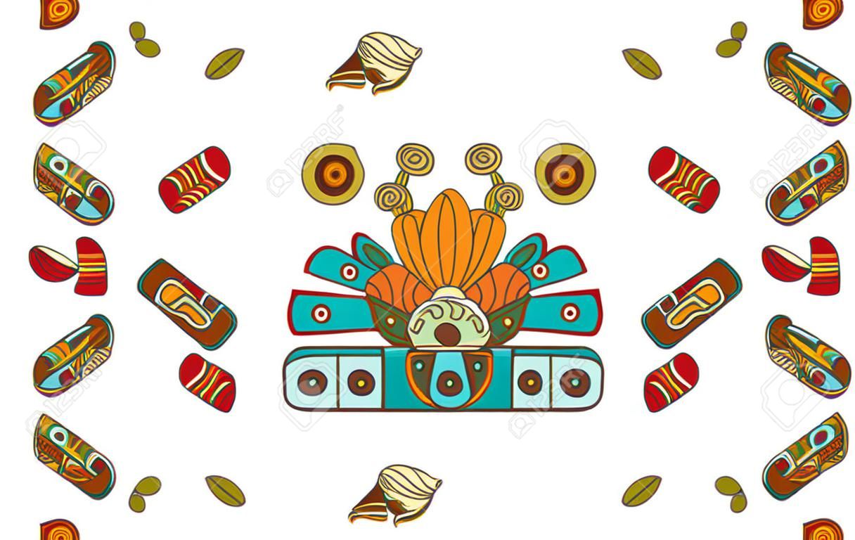 Beyaz arka planda kahverengi, kırmızı, yeşil, gri, sarı renklerde çikolata paketi tasarımı için vektör illüstrasyonu aztec kakaolu desen.