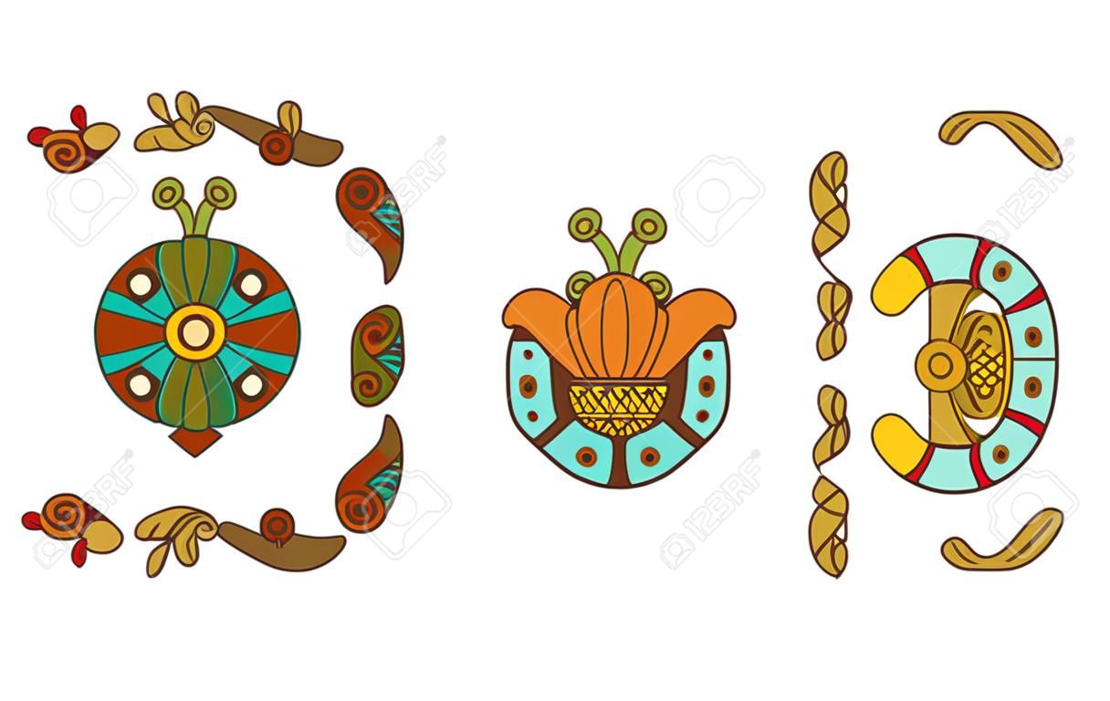 Vector illustration aztec cacao pattern for chocolate package design on brown, red, green, grey, yellow colors in white backdrop.