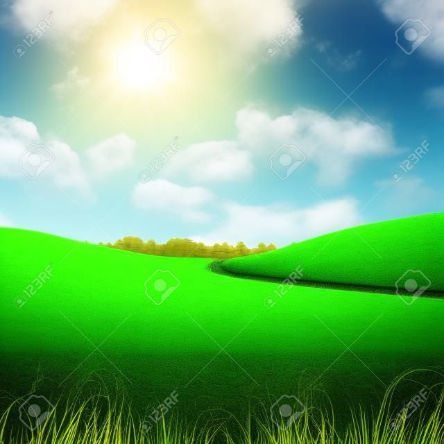 grasachtige groene heuvels en rijstrook naar afgelegen bomen op blauwe lucht achtergrond