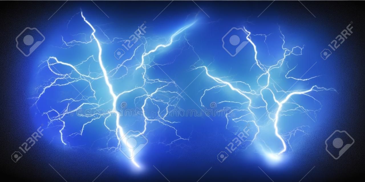 Lightning flash light thunder sparks on a transparent background. Fire and ice fractal lightning, plasma power background vector illustration