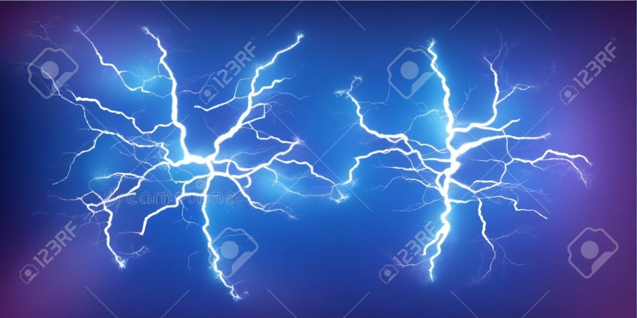Lightning flash light thunder sparks on a transparent background. Fire and ice fractal lightning, plasma power background vector illustration