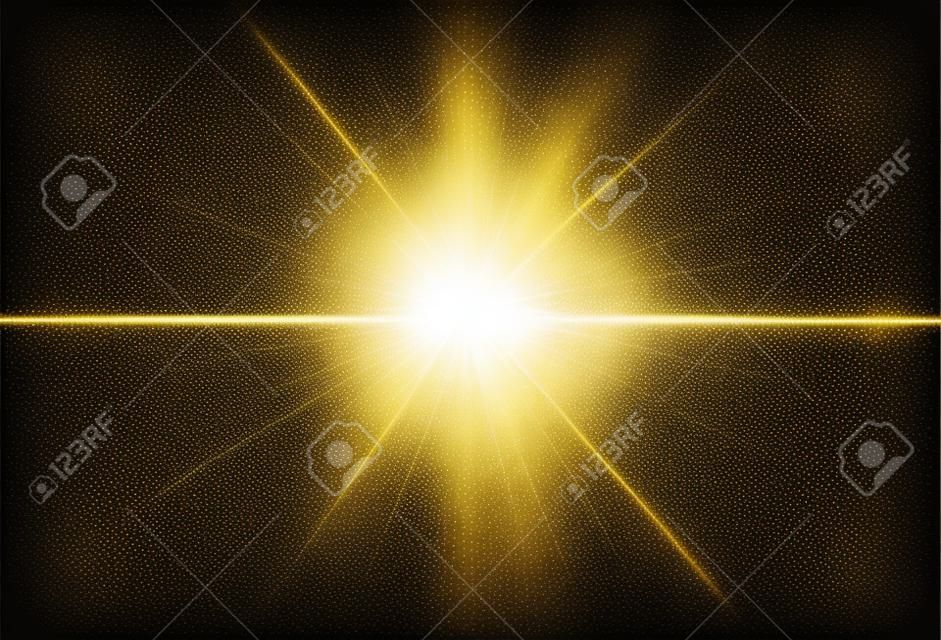 Brillantes estrellas doradas aisladas sobre fondo negro. Efectos, destello de lente, brillo, explosión, luz dorada, conjunto. Estrellas brillantes, hermosos rayos dorados. Ilustración de vector.
