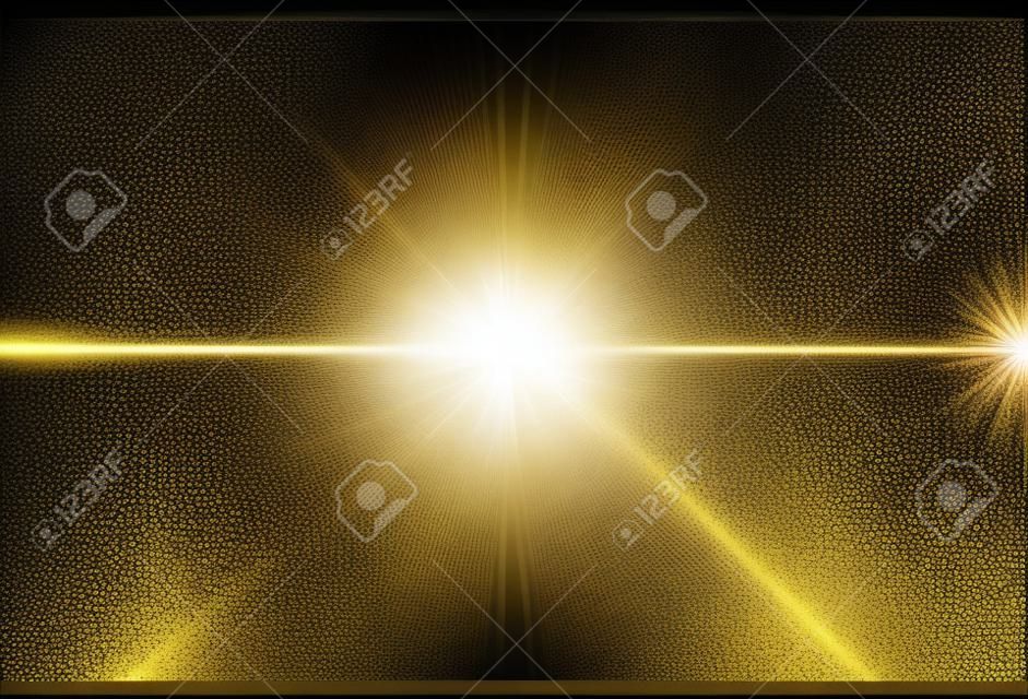 Błyszczące złote gwiazdy na białym tle na czarnym tle. Efekty, flara obiektywu, połysk, eksplozja, złote światło, zestaw. Świecące gwiazdy, piękne złote promienie. Ilustracja wektorowa.