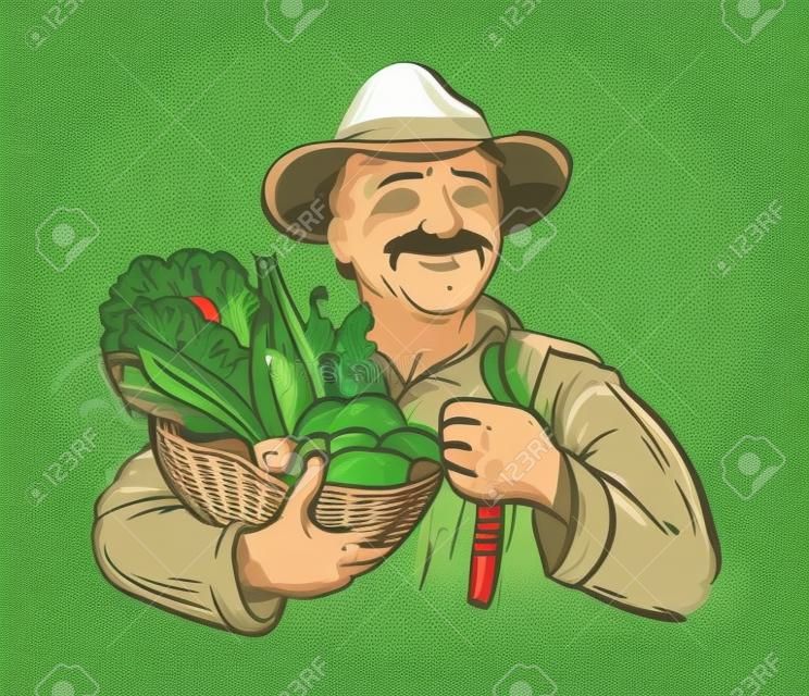 手繪快樂的農夫和新鮮蔬菜的籃子。矢量插圖