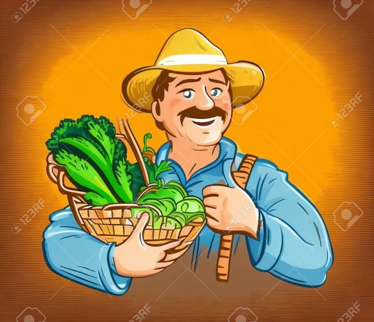 手繪快樂的農夫和新鮮蔬菜的籃子。矢量插圖