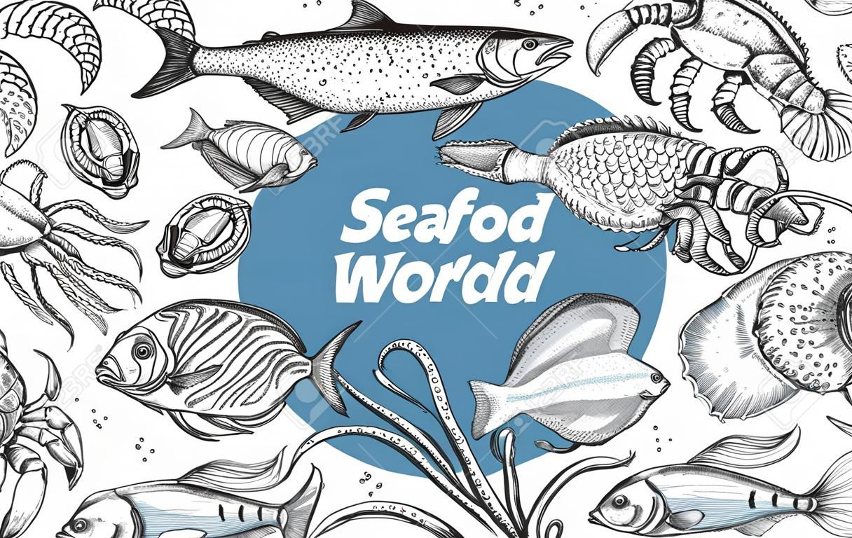 морепродукты или подводный мир. нарисованные от руки эскизы. векторные иллюстрации