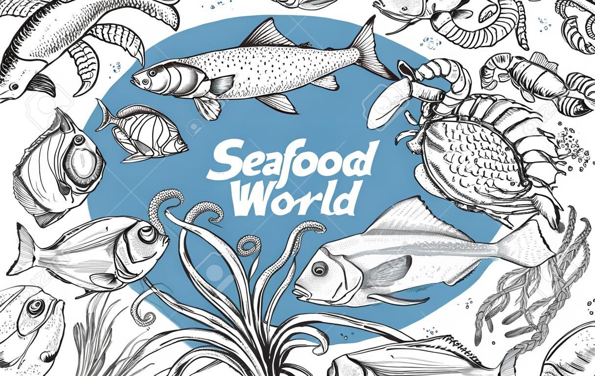 mariscos o mundo submarino. bocetos dibujados a mano. ilustración vectorial
