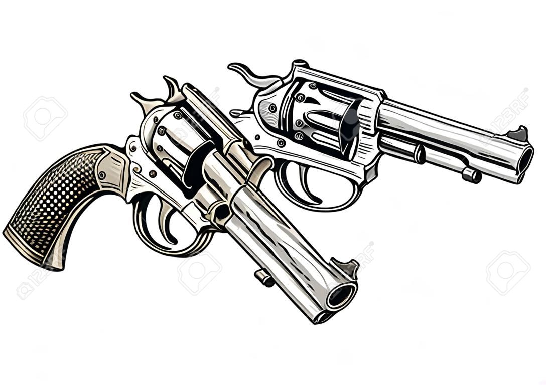 交叉左轮手枪枪枪枪的老式手绘插画矢量图