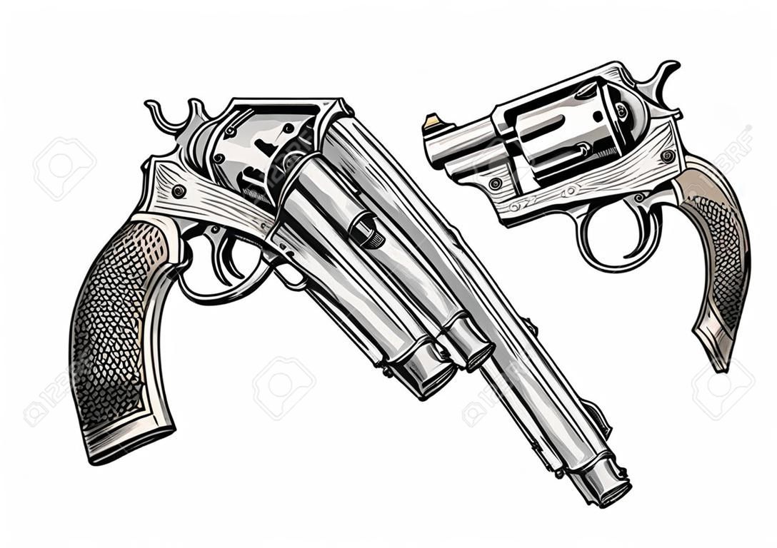 交叉左轮手枪枪枪枪的老式手绘插画矢量图