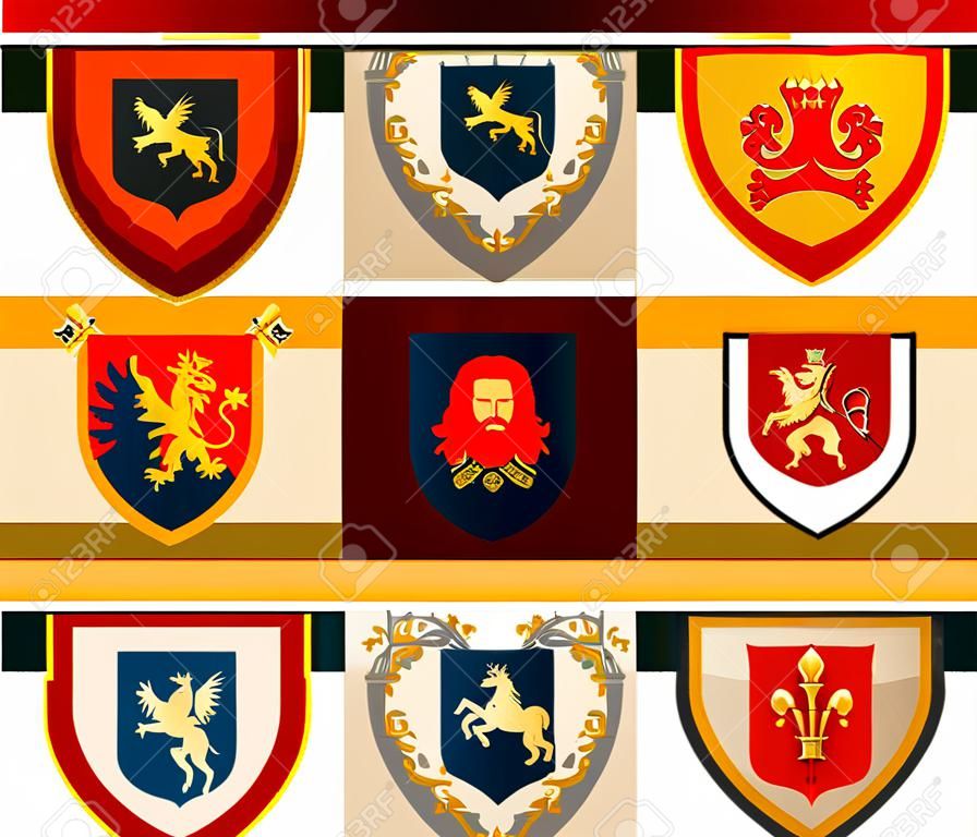 Royal coat of arms on shield vector. Heraldry, blazonry set icon