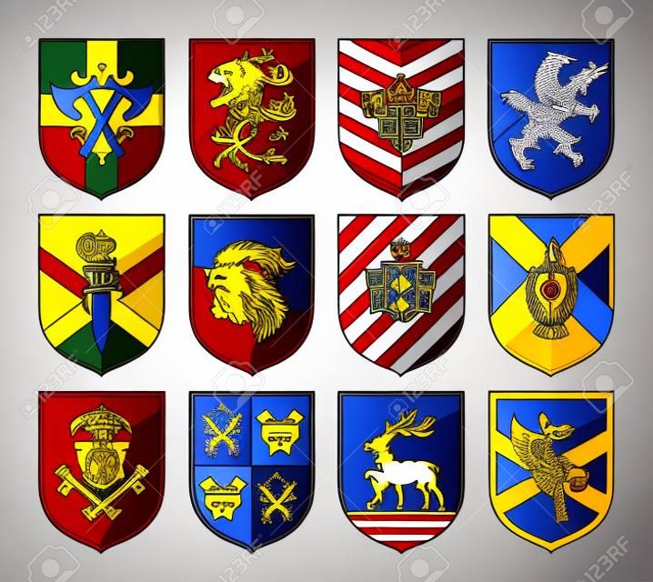 中世紀盾牌和紋章收集。王國，帝國城堡矢量符號