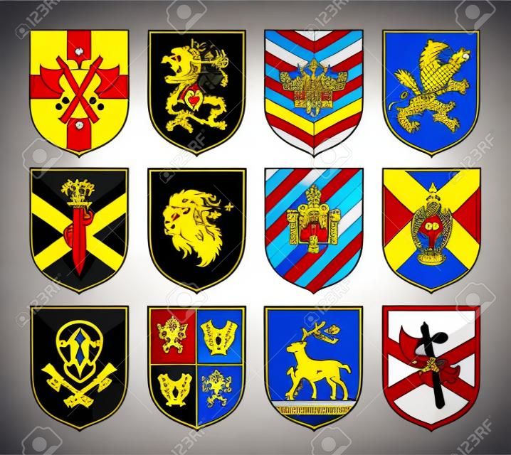 Collection of medieval shields and coat of arms. Kingdom, empire, castle vector symbol