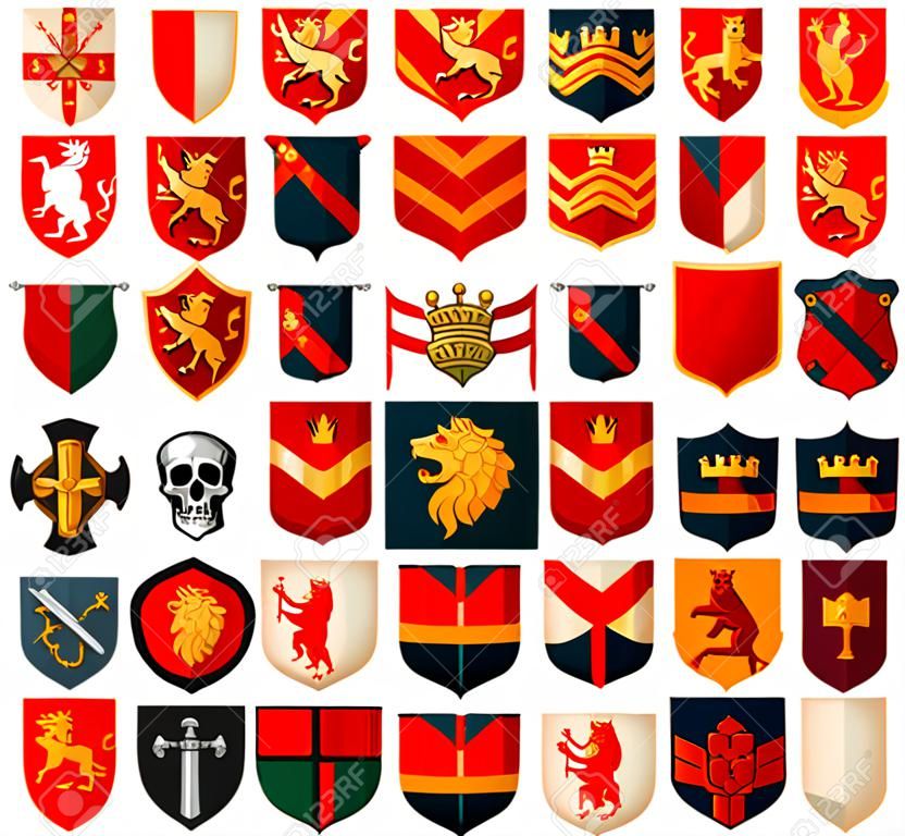 中世纪盾牌和武器王国帝国城堡矢量符号收藏