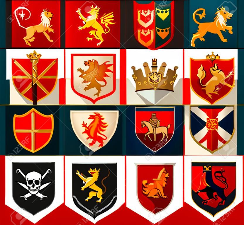Verzameling van middeleeuwse schilden en wapenschilden. Koninkrijk, rijk, kasteel vector symbool