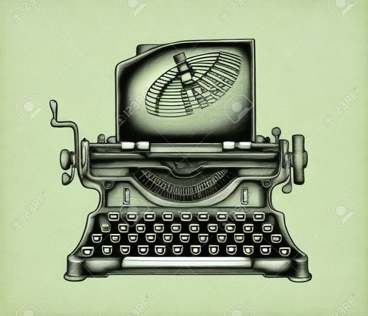 Máquina de escrever vintage desenhada à mão. Publicação de esboço. Ilustração vetorial