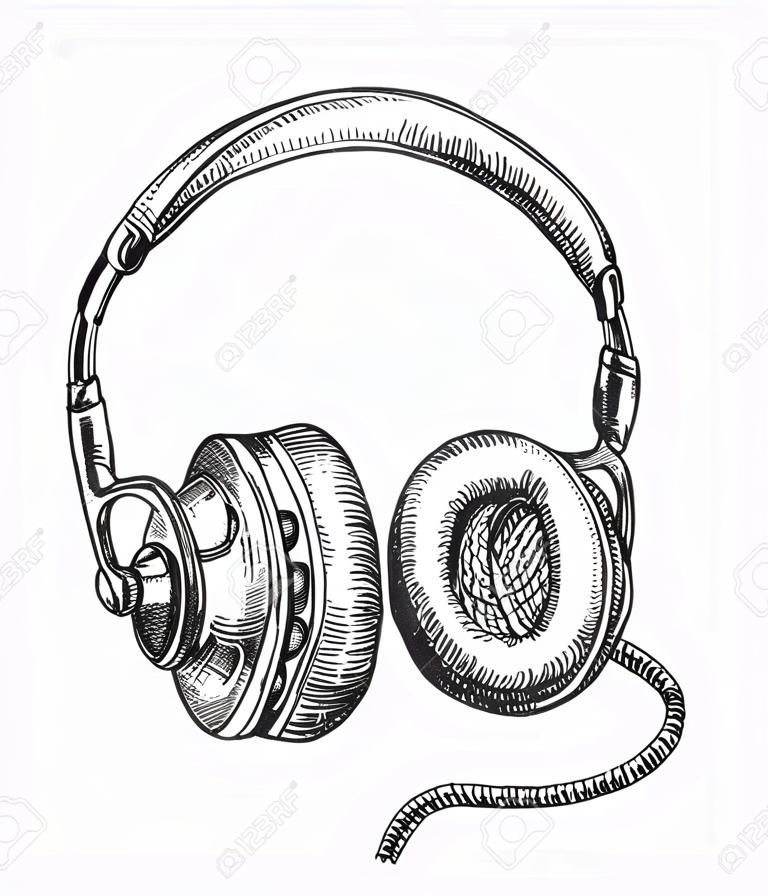 Dibujado a mano auriculares de la vendimia. música boceto. ilustración vectorial
