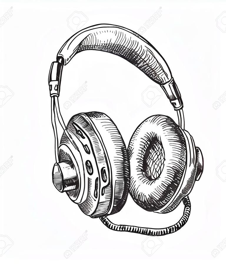 Hand drawn vintage headphones. Sketch music. Vector illustration