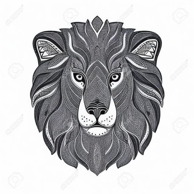 Lion painted tribal ethnic ornament. Hand-drawn vector illustration with floral elements