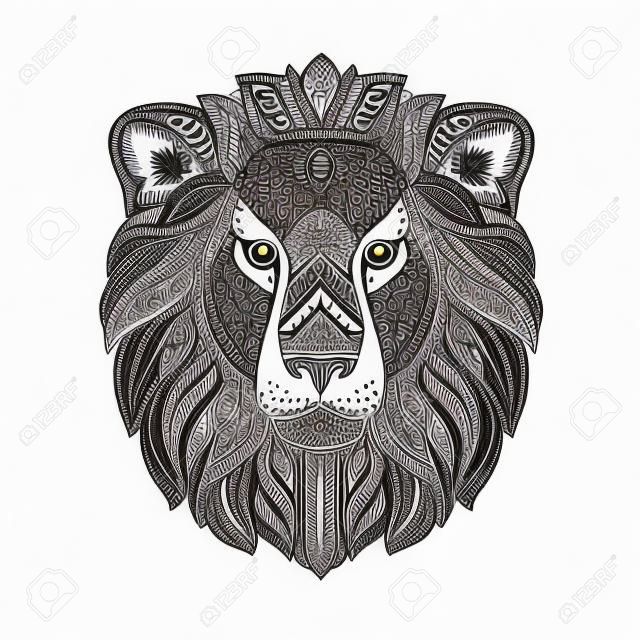 Lion painted tribal ethnic ornament. Hand-drawn vector illustration with floral elements