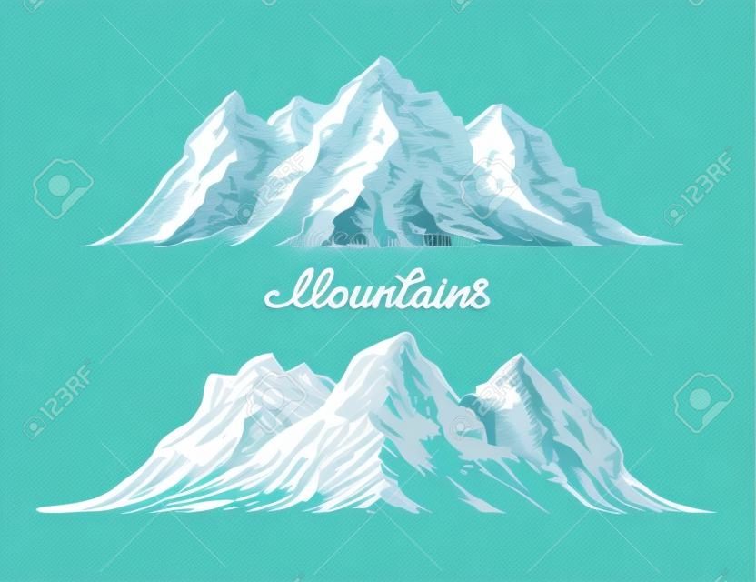 Schizzo di montagne. Illustrazione vettoriale disegnato a mano isolato su sfondo bianco