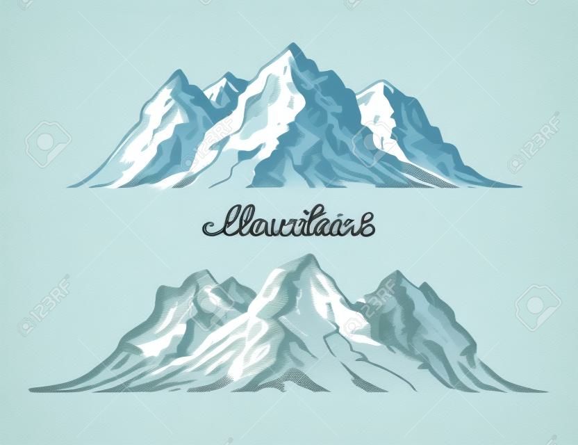 Schizzo di montagne. Illustrazione vettoriale disegnato a mano isolato su sfondo bianco